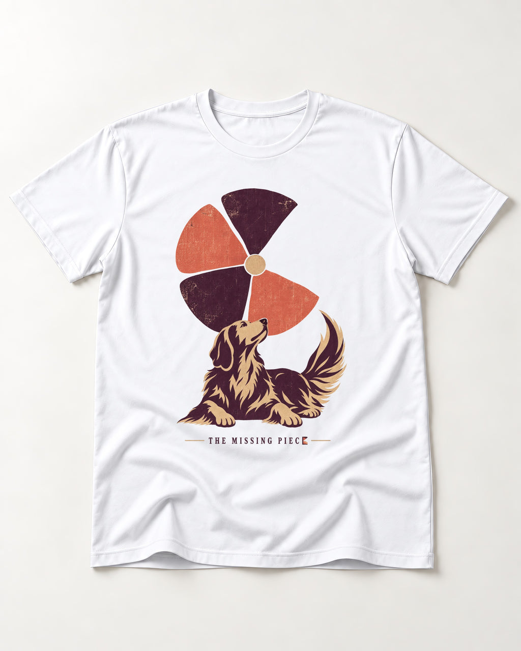 Golden Retriever Is My Missing Piece T-Shirt in White, flat lay product photo