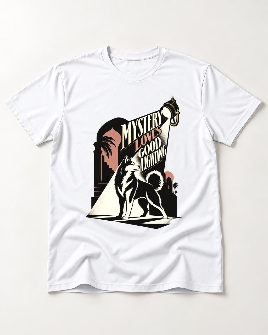 Husky Loves Good Lighting T-Shirt in White, flat lay product photo