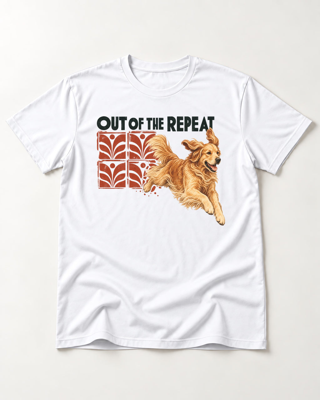 Golden Retriever Out of the Repeat T-Shirt in White, flat lay product photo