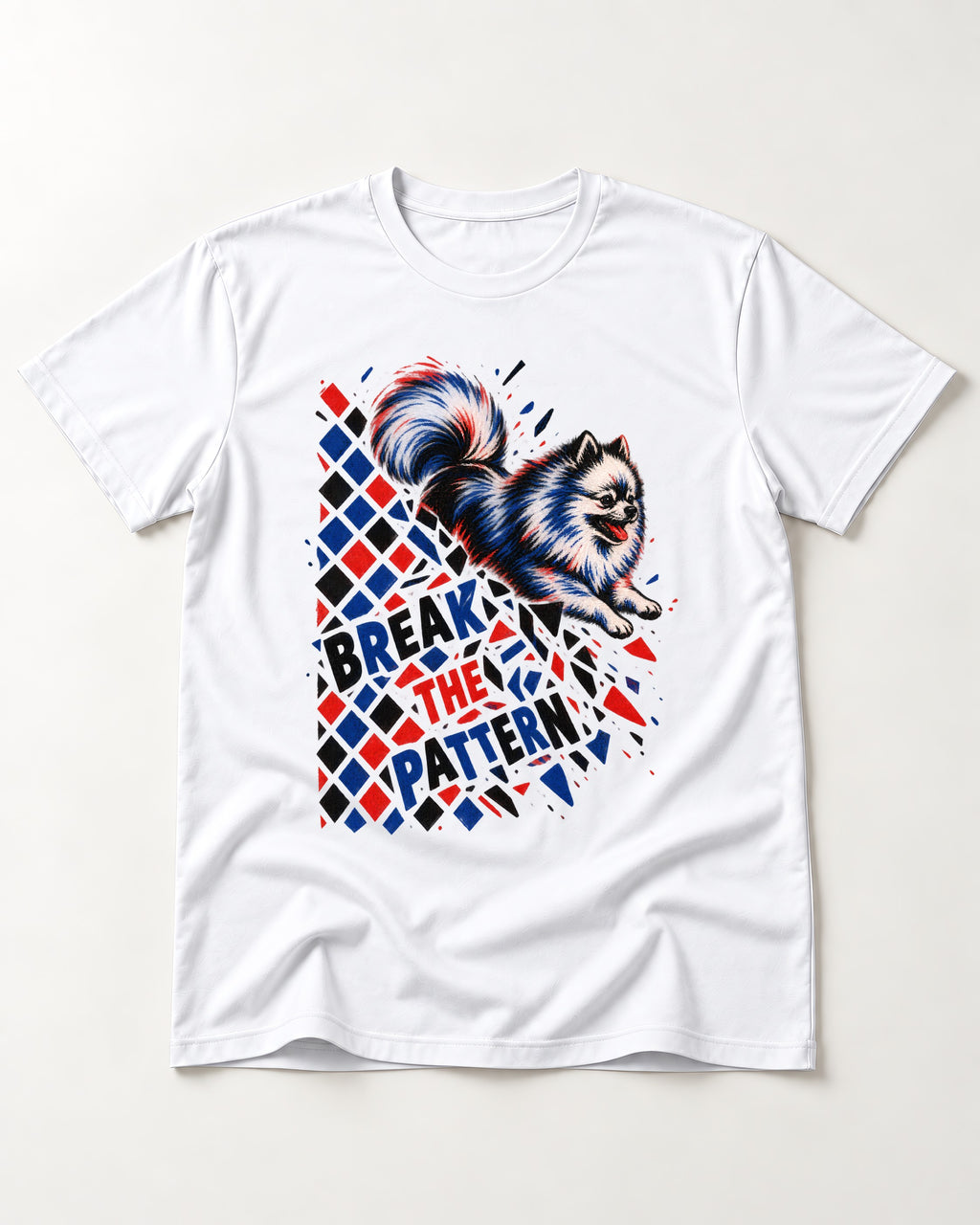 Pomeranian Break the Pattern T-Shirt in White, flat lay product photo