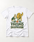 Golden Retriever Vegetables Under Investigation Rabbit Detective Graphic T-Shirt in White, flat lay product photo