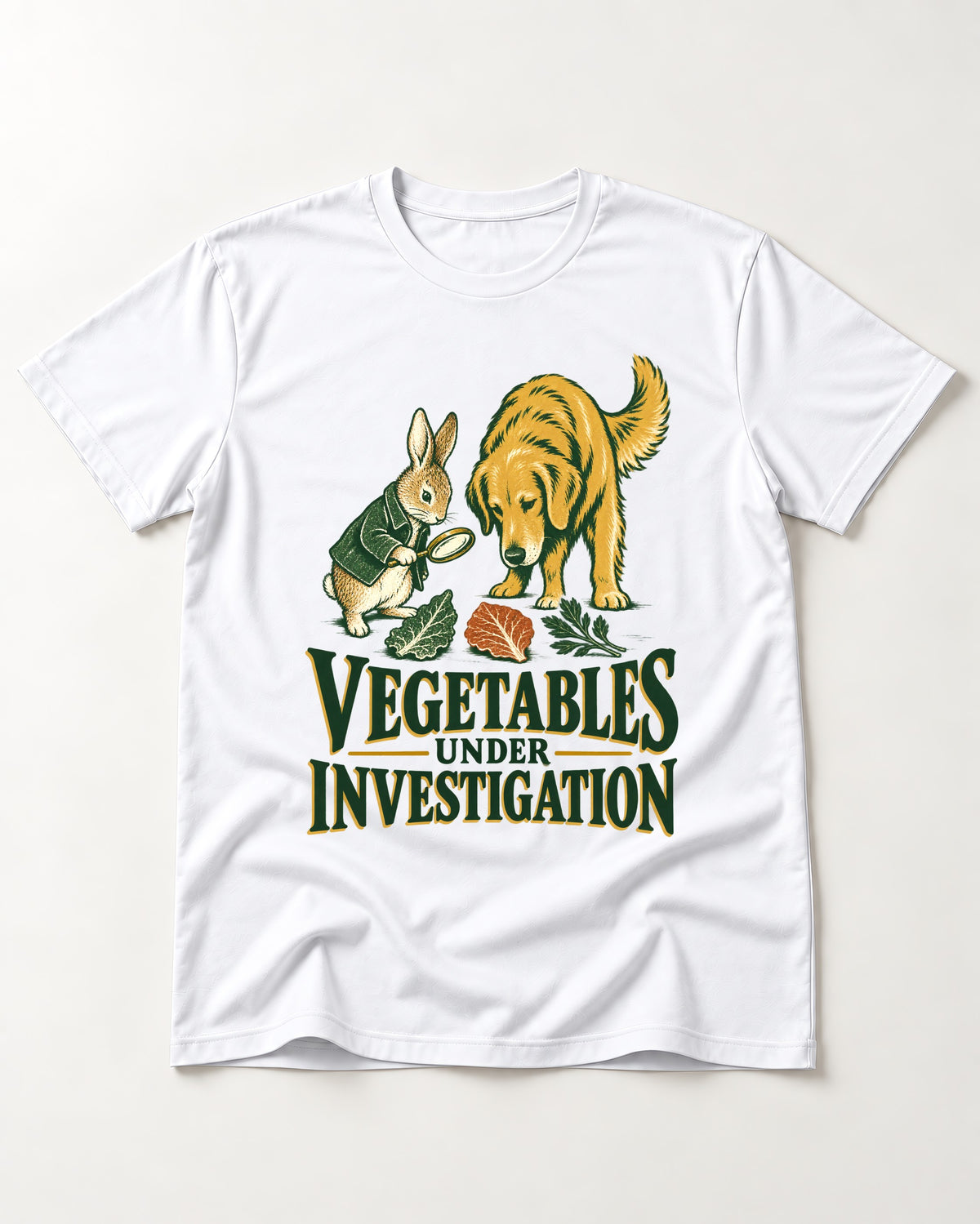Golden Retriever Vegetables Under Investigation Rabbit Detective Graphic T-Shirt in White, flat lay product photo