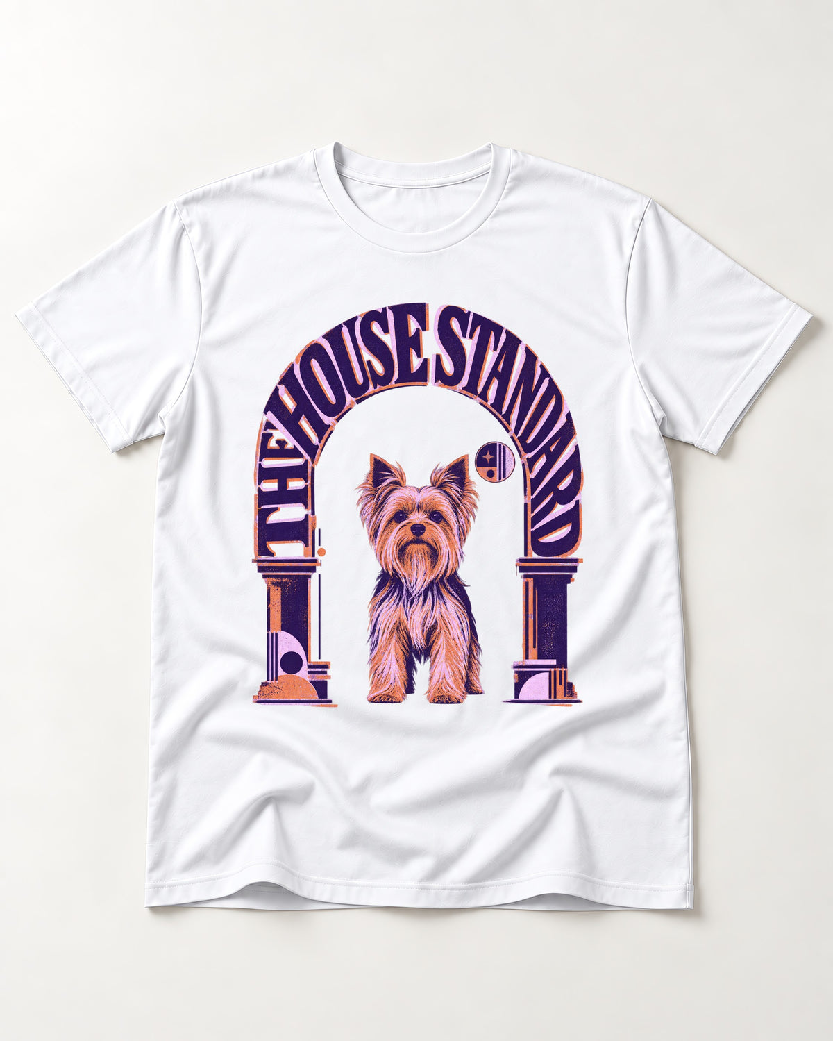 The Yorkshire Terrier House Standard T-Shirt in White, flat lay product photo