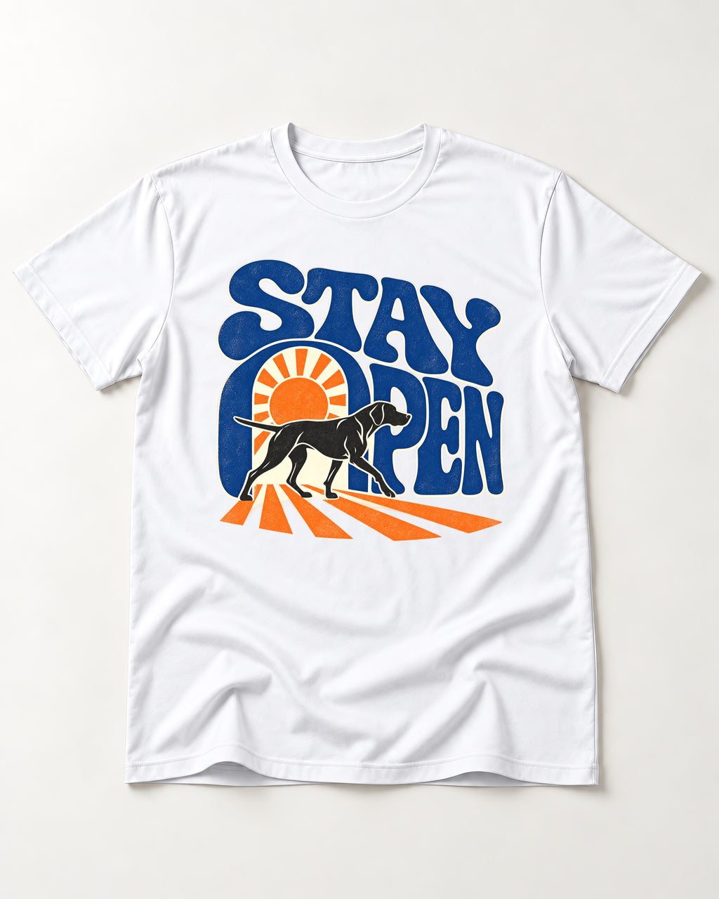 Stay Open German Shorthaired Pointer T-Shirt in White, flat lay product photo