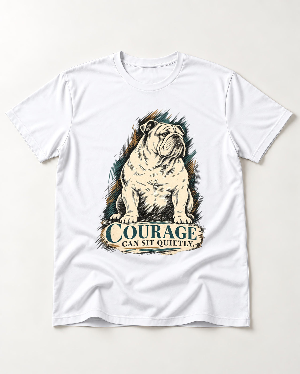 English Bulldog Courage Can Sit Quietly T-Shirt in White, flat lay product photo