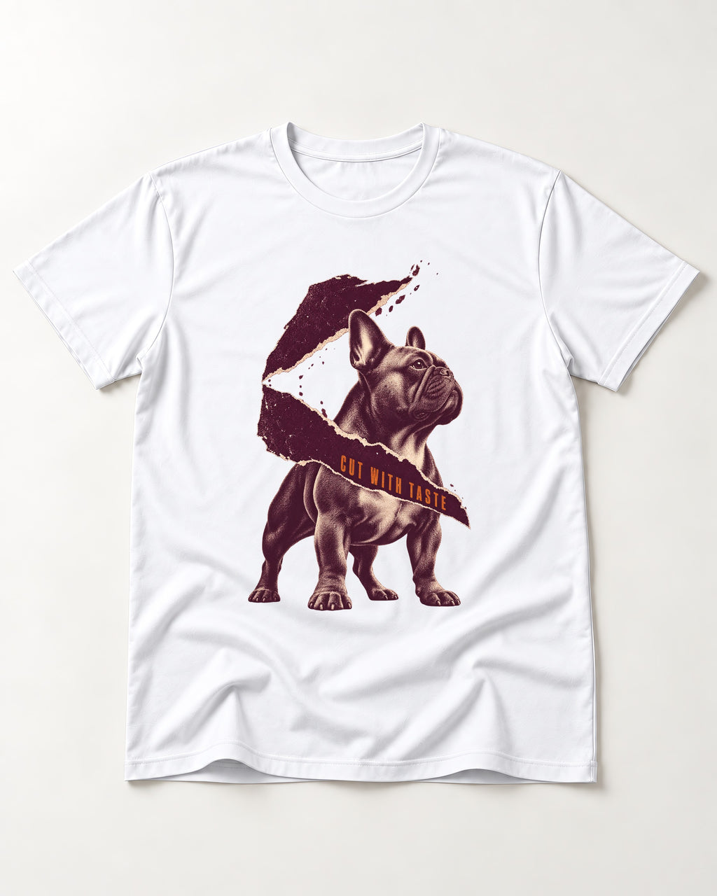 Frenchie Cut with Taste T-Shirt in White, flat lay product photo
