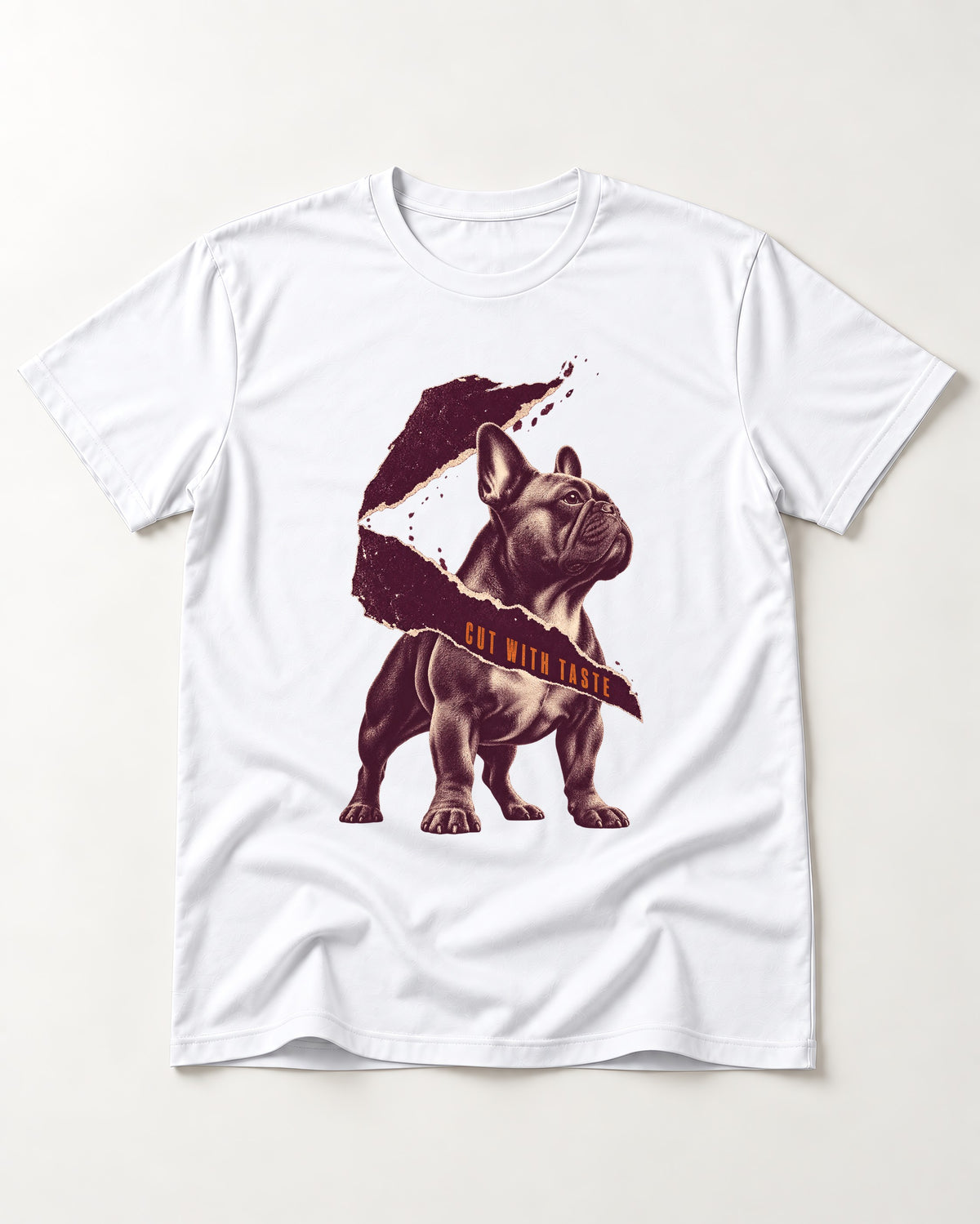 Frenchie Cut with Taste T-Shirt in White, flat lay product photo
