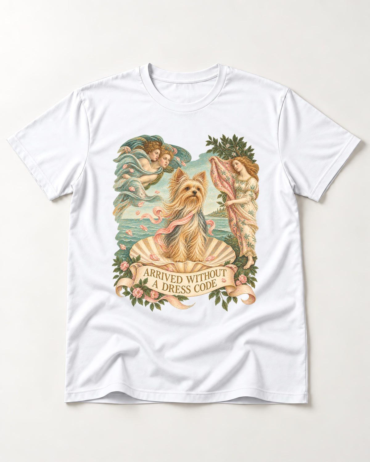 Yorkshire Terrier Arrived Without a Dress Code Venus Graphic T-Shirt in White, flat lay product photo