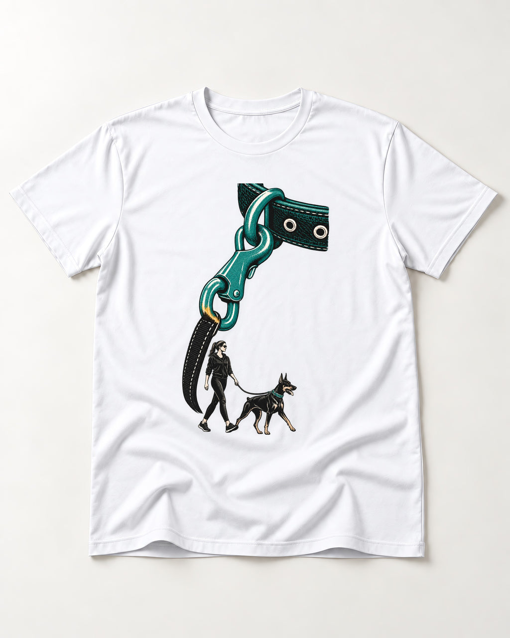 Doberman Oversized Leash Hardware Walk Graphic T-Shirt in White, flat lay product photo