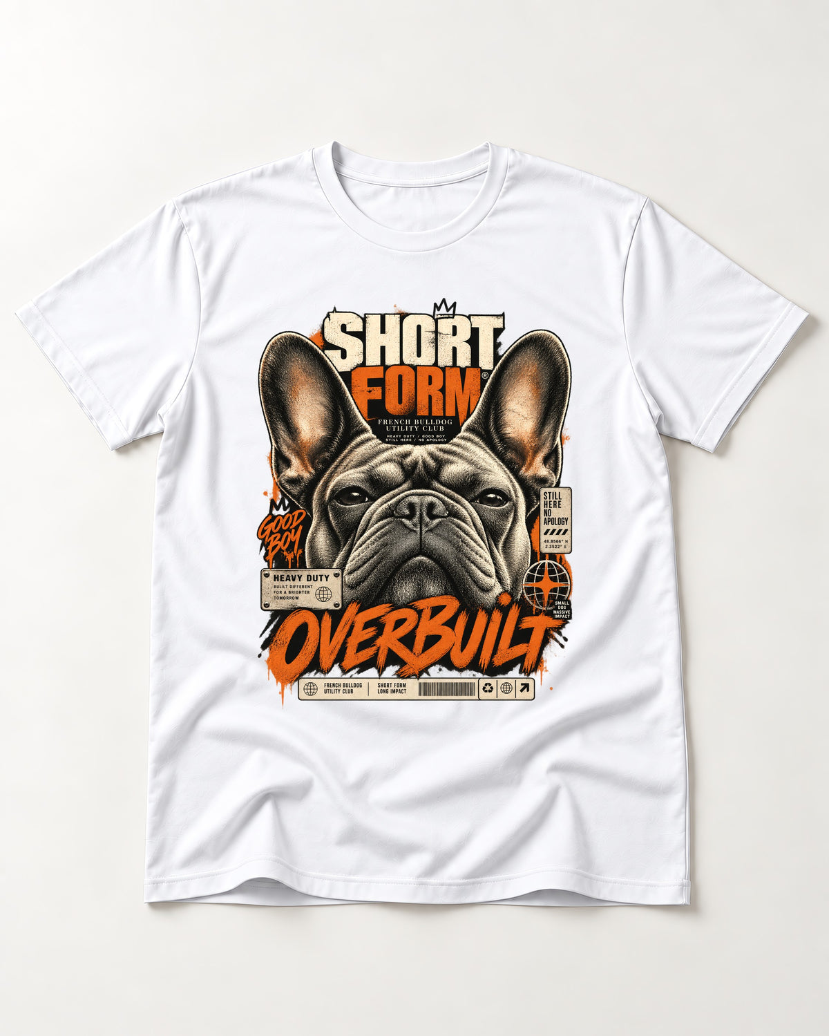 Frenchie Short Form Overbuilt Utility Club Poster Graphic T-Shirt in White, flat lay product photo
