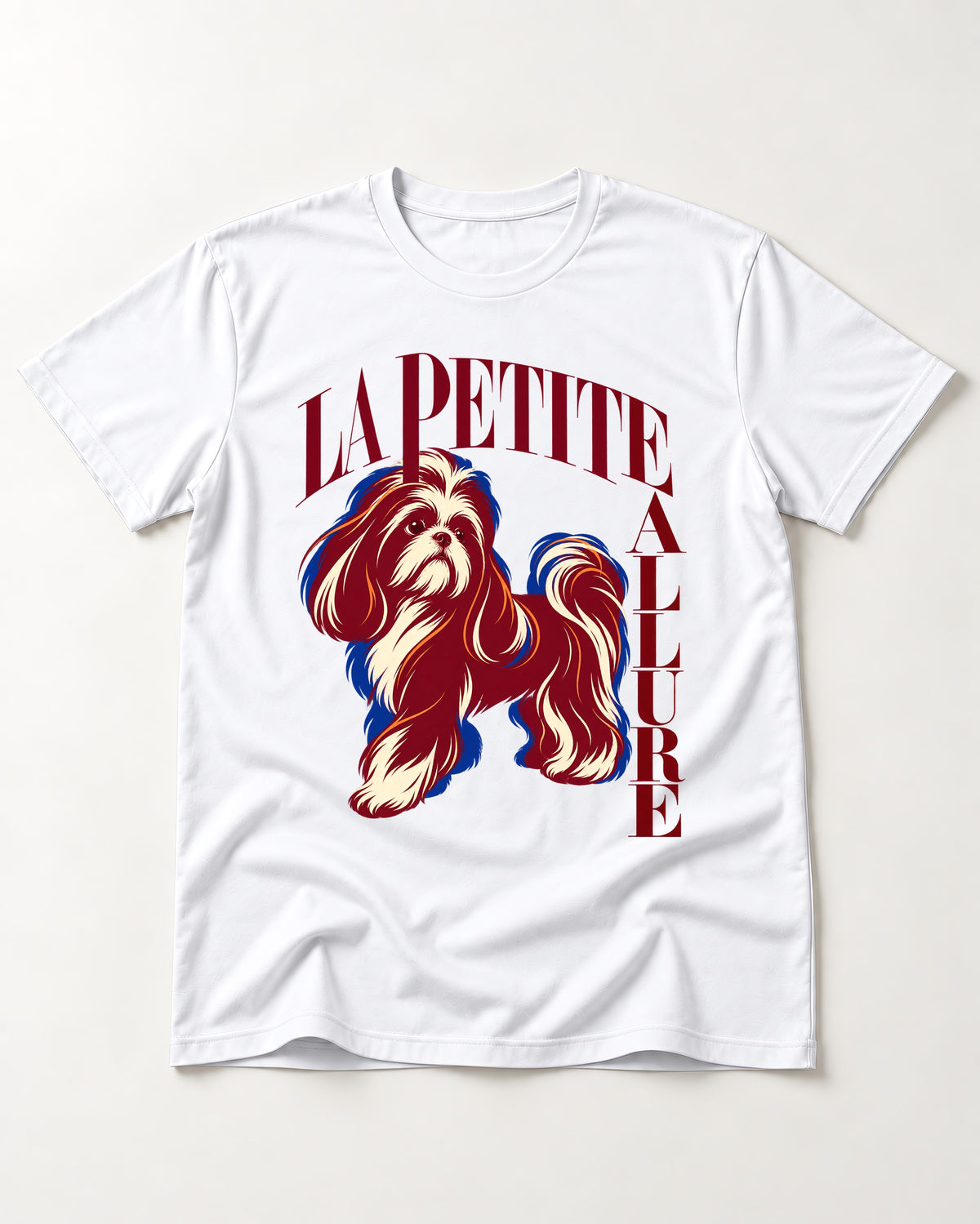 La Petite Allure Shih Tzu T-Shirt in White, flat lay product photo