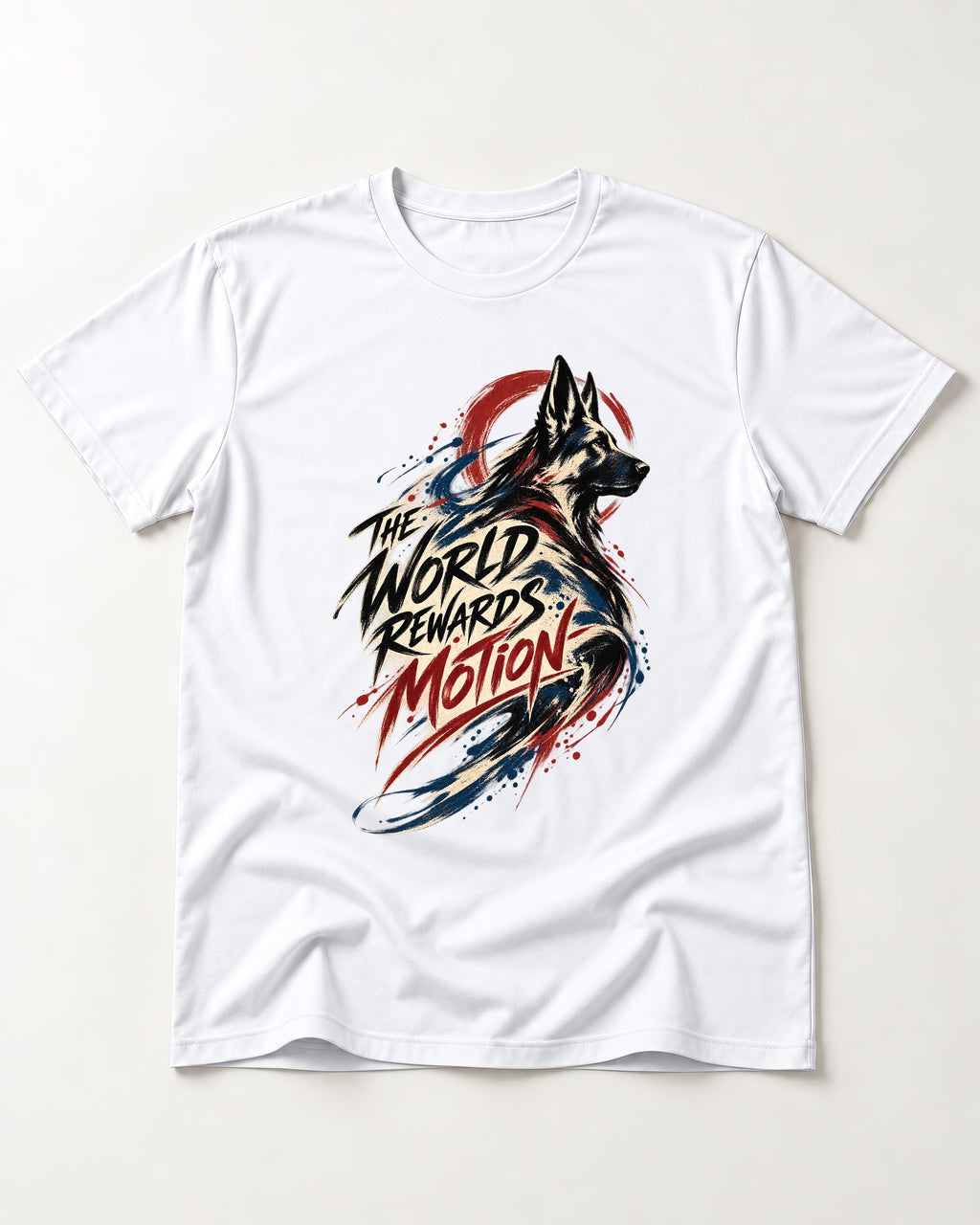 German Shepherd Dog The World Rewards Motion T-Shirt in White, flat lay product photo