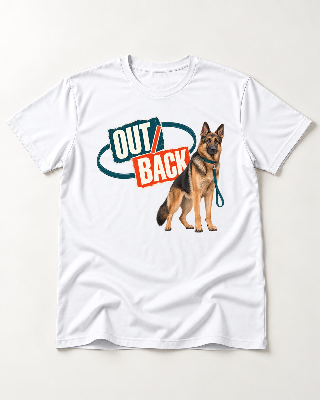 Out Back Leash German Shepherd Dog Graphic T-Shirt in White, flat lay product photo