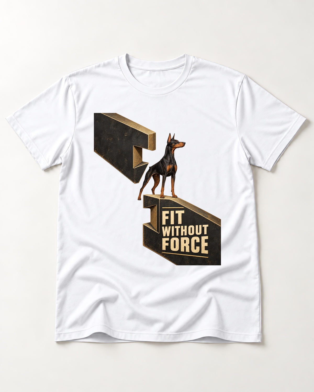 Doberman Fit Without Force T-Shirt in White, flat lay product photo