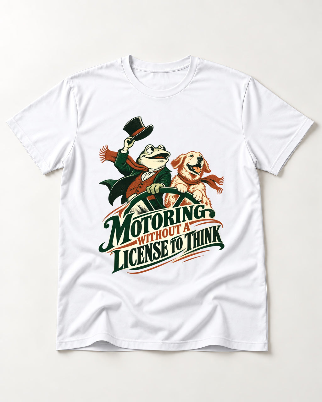 Golden Retriever Motoring Without a License to Think Driving Graphic T-Shirt in White, flat lay product photo