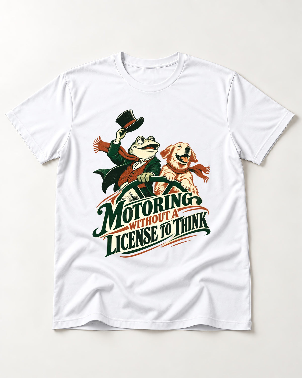 Golden Retriever Motoring Without a License to Think Driving Graphic T-Shirt in White, flat lay product photo