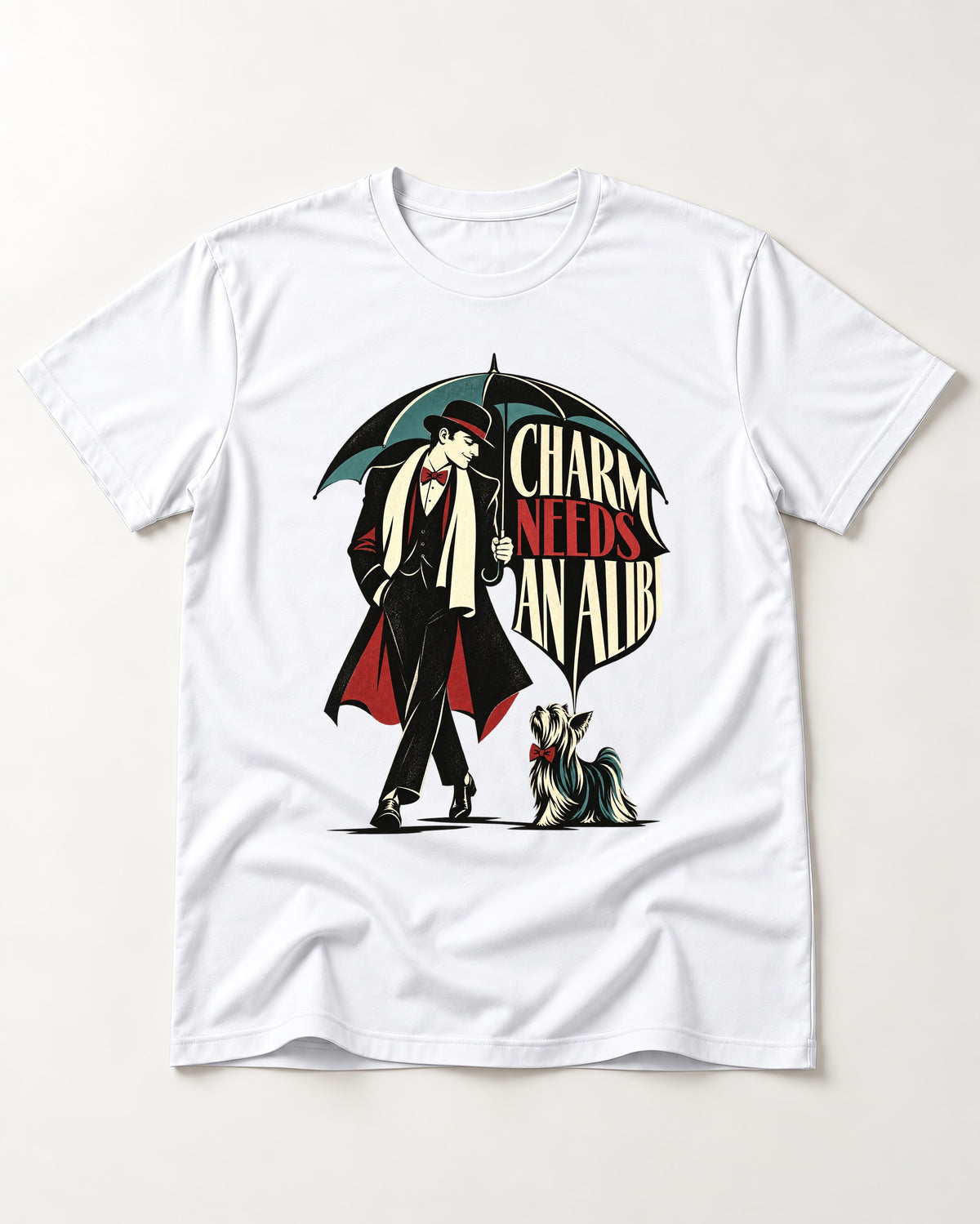 Charm Needs an Alibi Yorkshire Terrier T-Shirt in White, flat lay product photo
