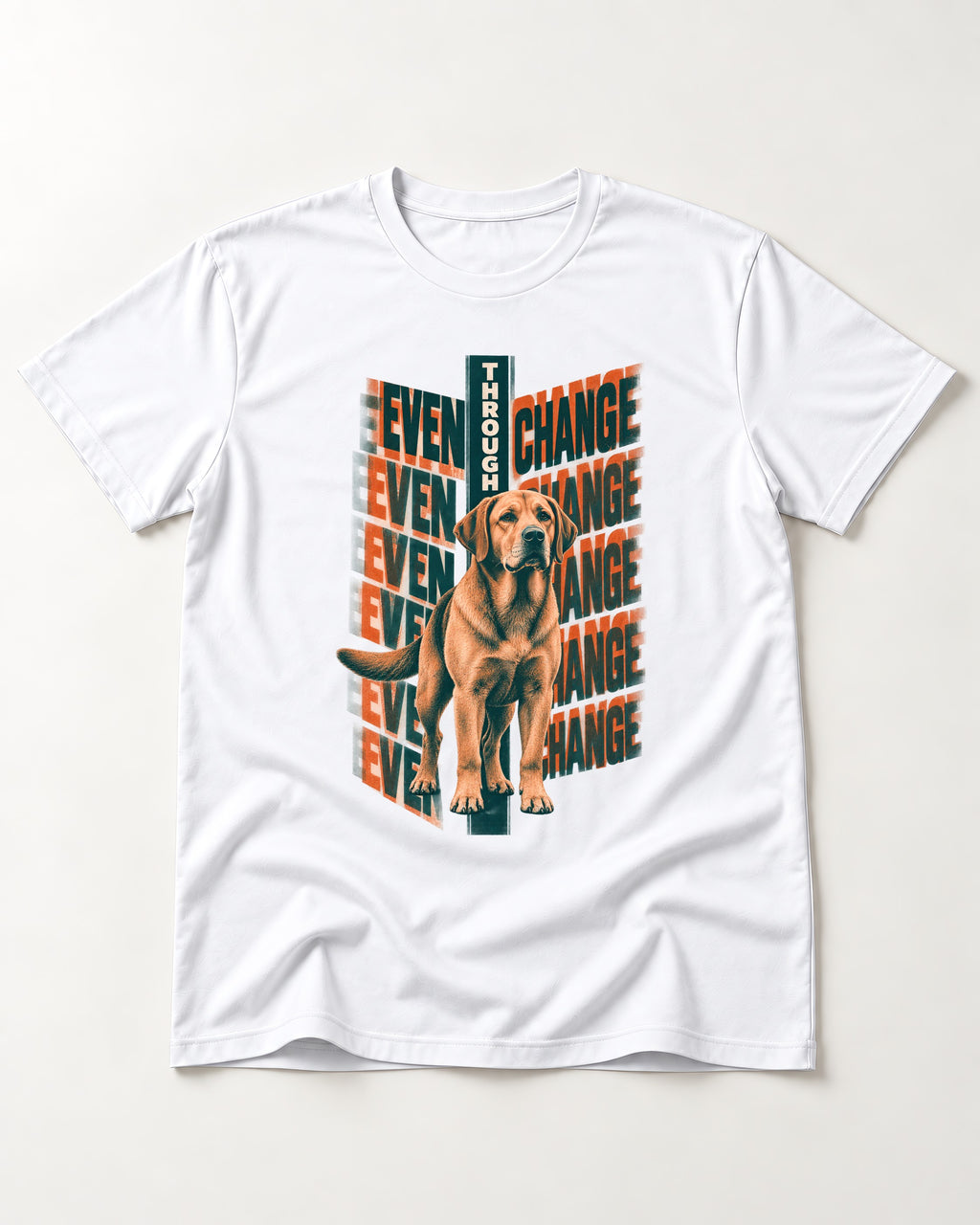 Labrador Retriever Even Through Change Repeated Poster Graphic T-Shirt in White, flat lay product photo