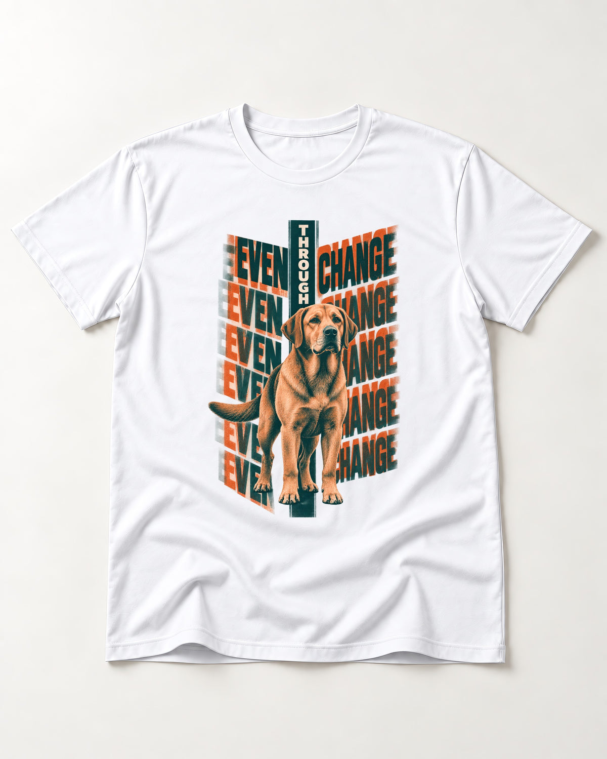 Labrador Retriever Even Through Change Repeated Poster Graphic T-Shirt in White, flat lay product photo