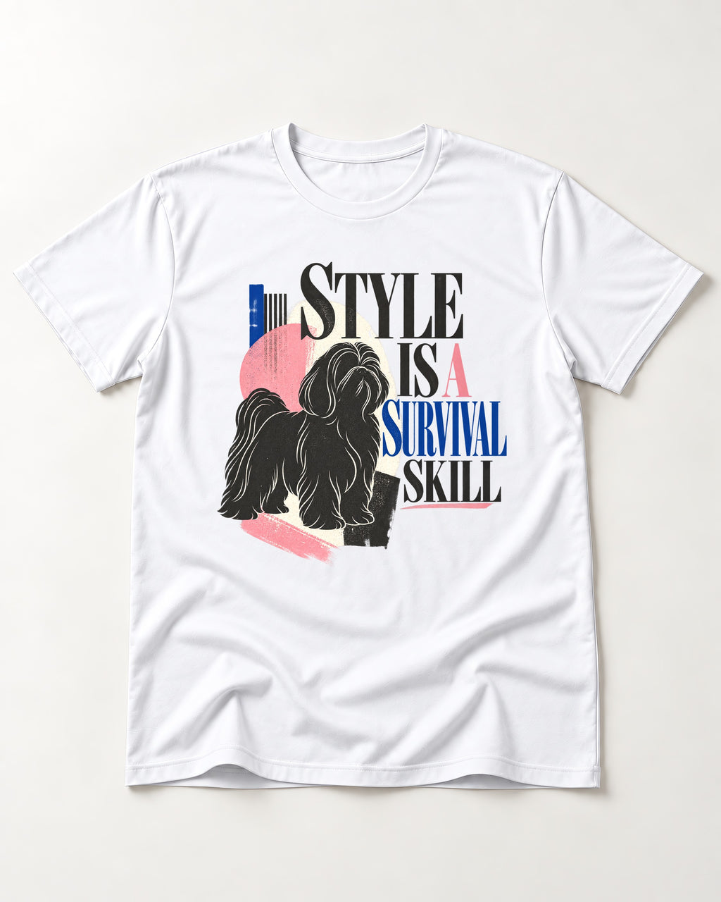Shih Tzu Survival Skill T-Shirt in White, flat lay product photo