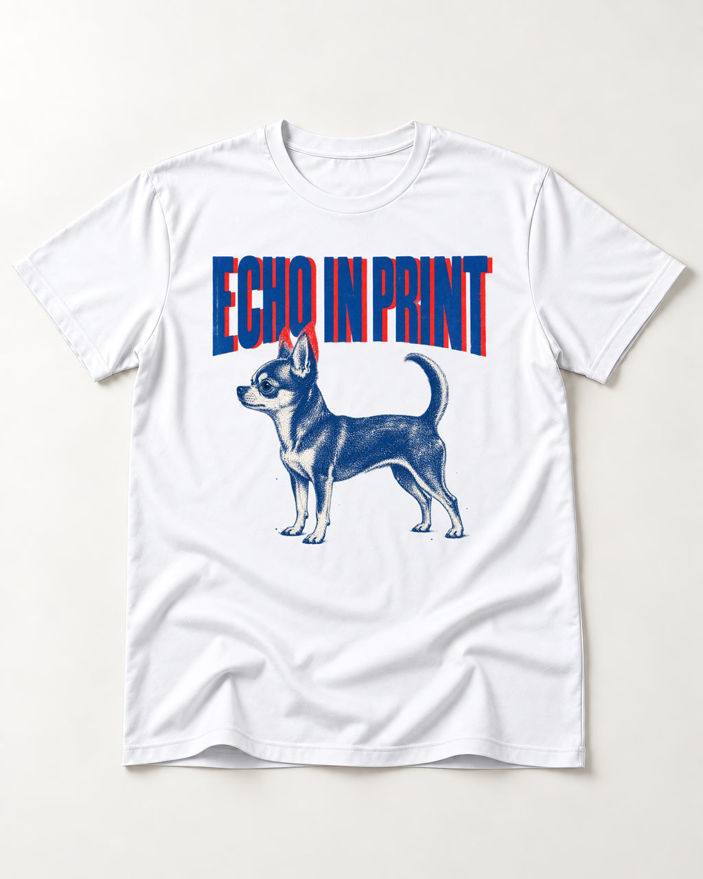 Chihuahua Echo T-Shirt in White, flat lay product photo