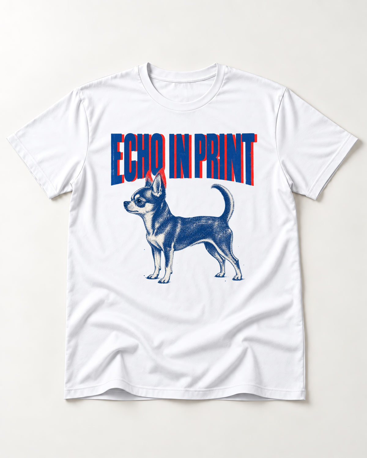 Chihuahua Echo T-Shirt in White, flat lay product photo