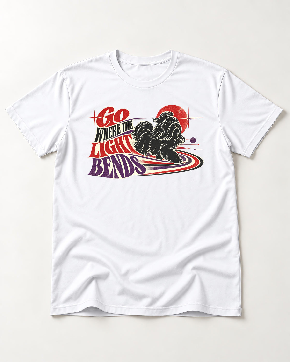 Shih Tzu Go Where the Light Bends Cosmic Orbit Graphic T-Shirt in White, flat lay product photo