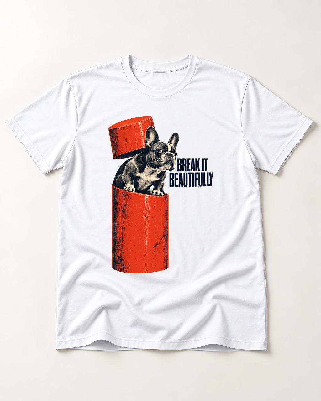 Frenchie Break It Beautifully T-Shirt in White, flat lay product photo