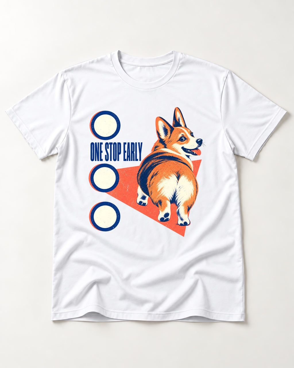 One Stop Early Corgi T-Shirt in White, flat lay product photo