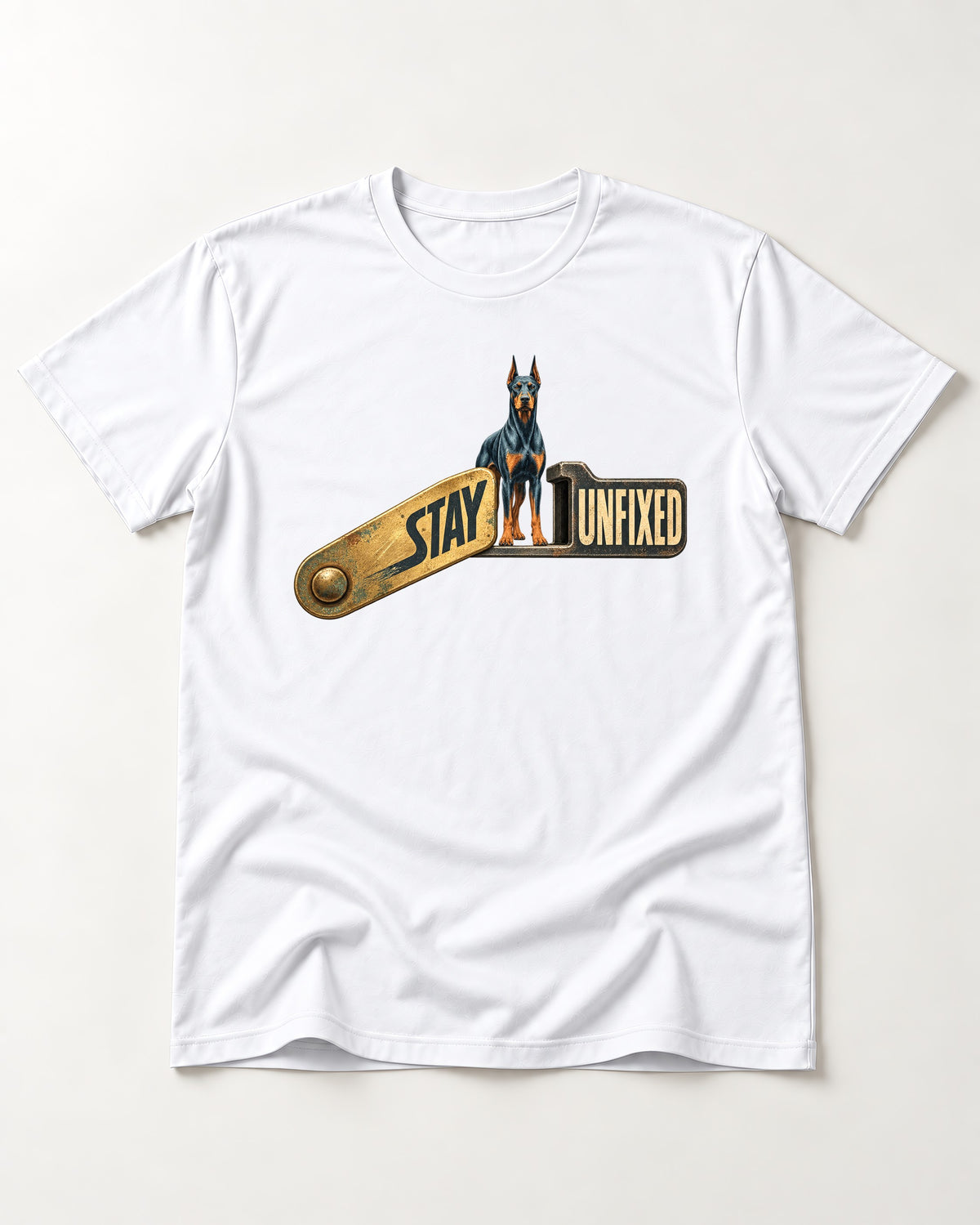 Doberman Stay Unfixed T-Shirt in White, flat lay product photo