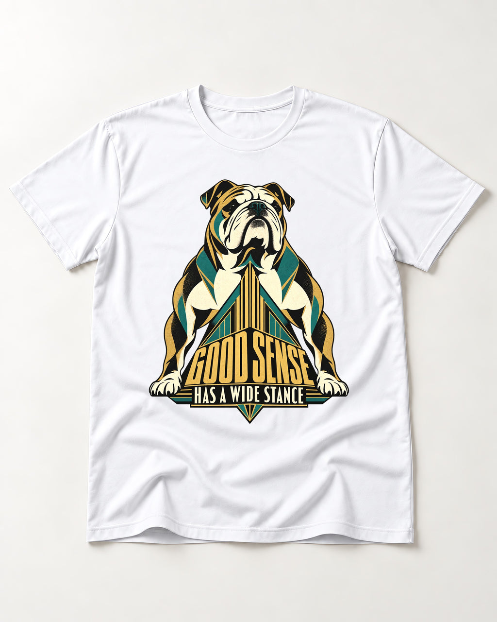 Good Sense Has a Wide Stance English Bulldog Graphic T-Shirt in White, flat lay product photo