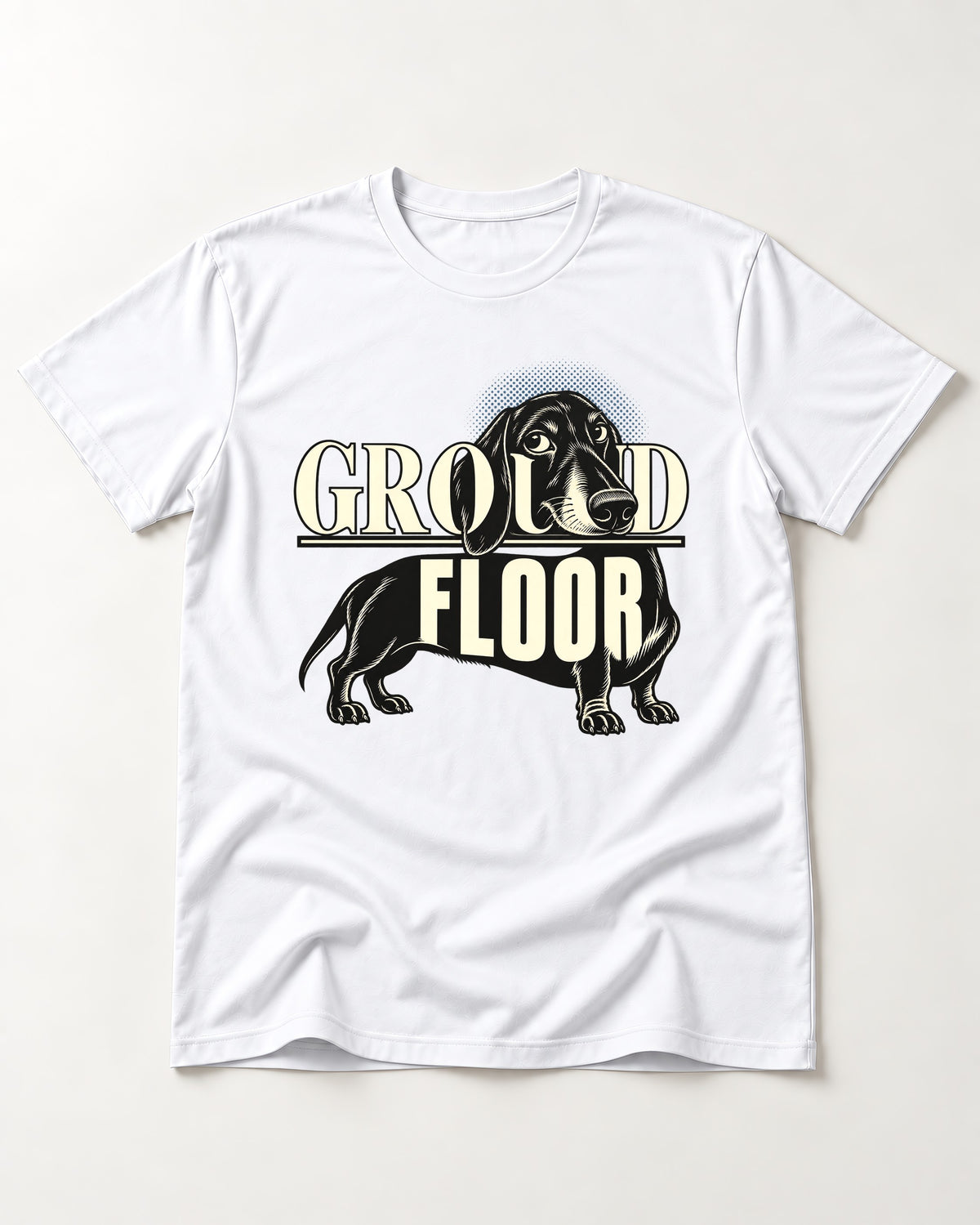 Ground Floor Dachshund T-Shirt in White, flat lay product photo