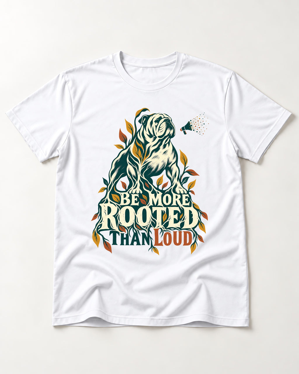 More Rooted Than Loud English Bulldog T-Shirt in White, flat lay product photo