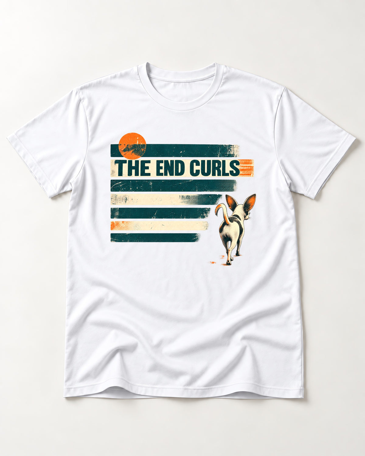 Chihuahua The End Curls Retro Stripe Graphic T-Shirt in White, flat lay product photo