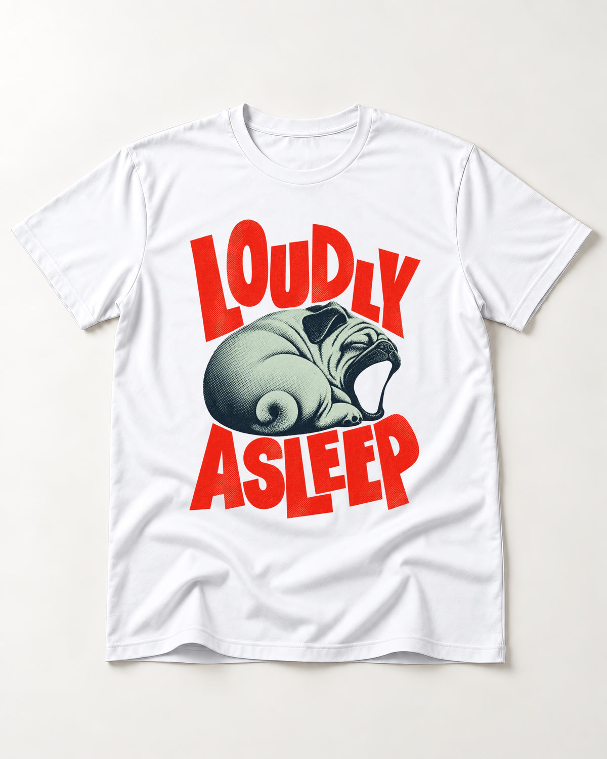 Pug Loudly Asleep Curled Yawn Graphic T-Shirt in White, flat lay product photo