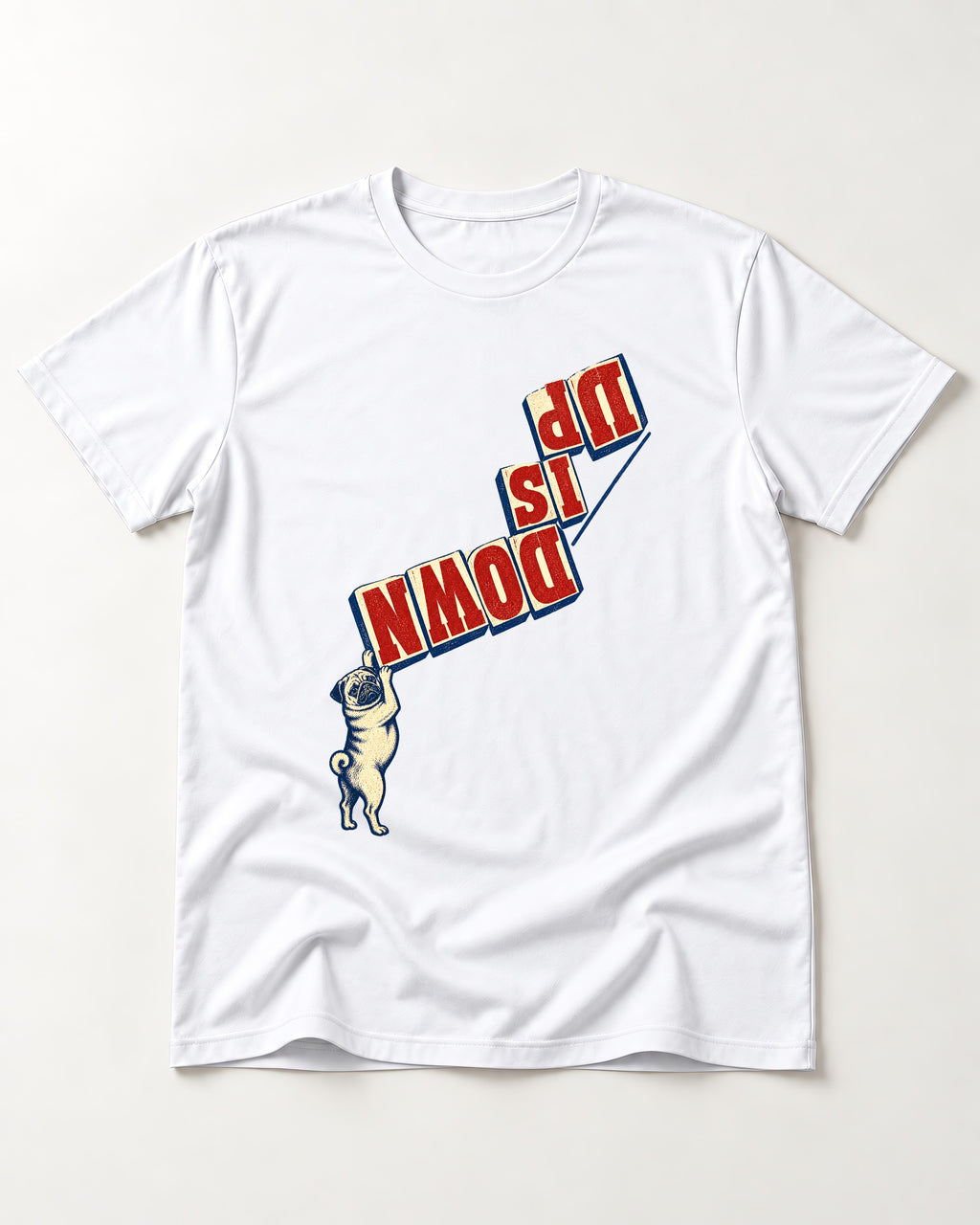 Down Is Up Pug T-Shirt in White, flat lay product photo