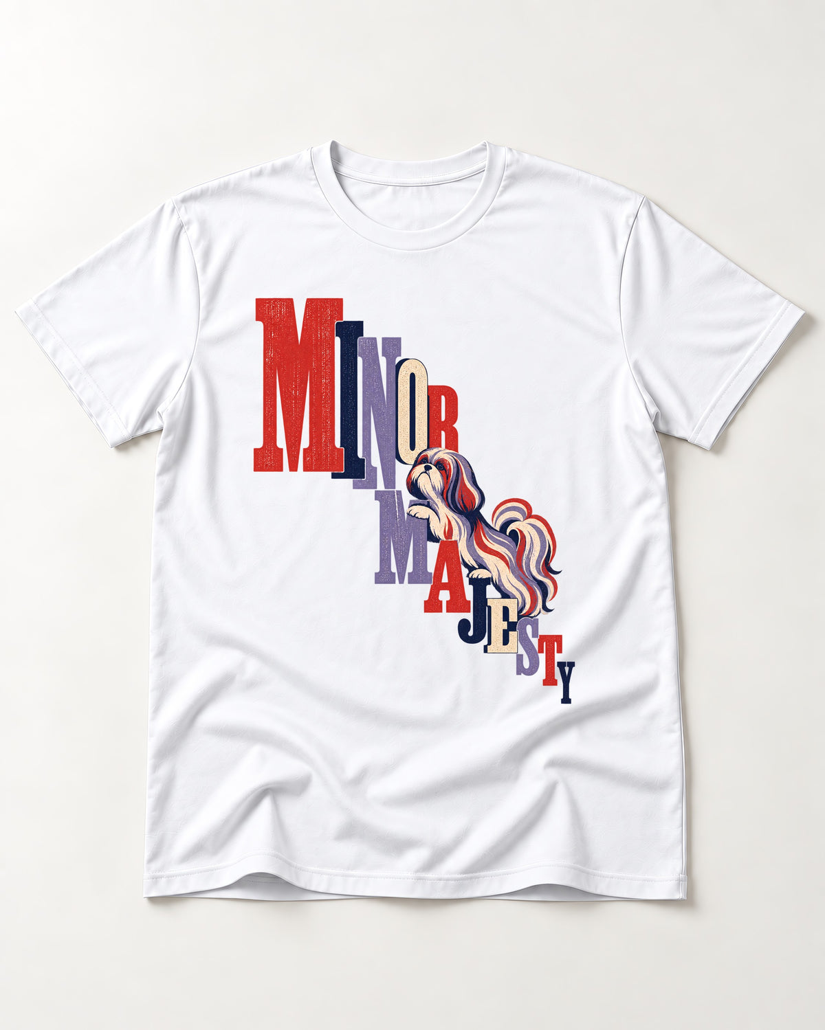 Shih Tzu Minor Majesty T-Shirt in White, flat lay product photo