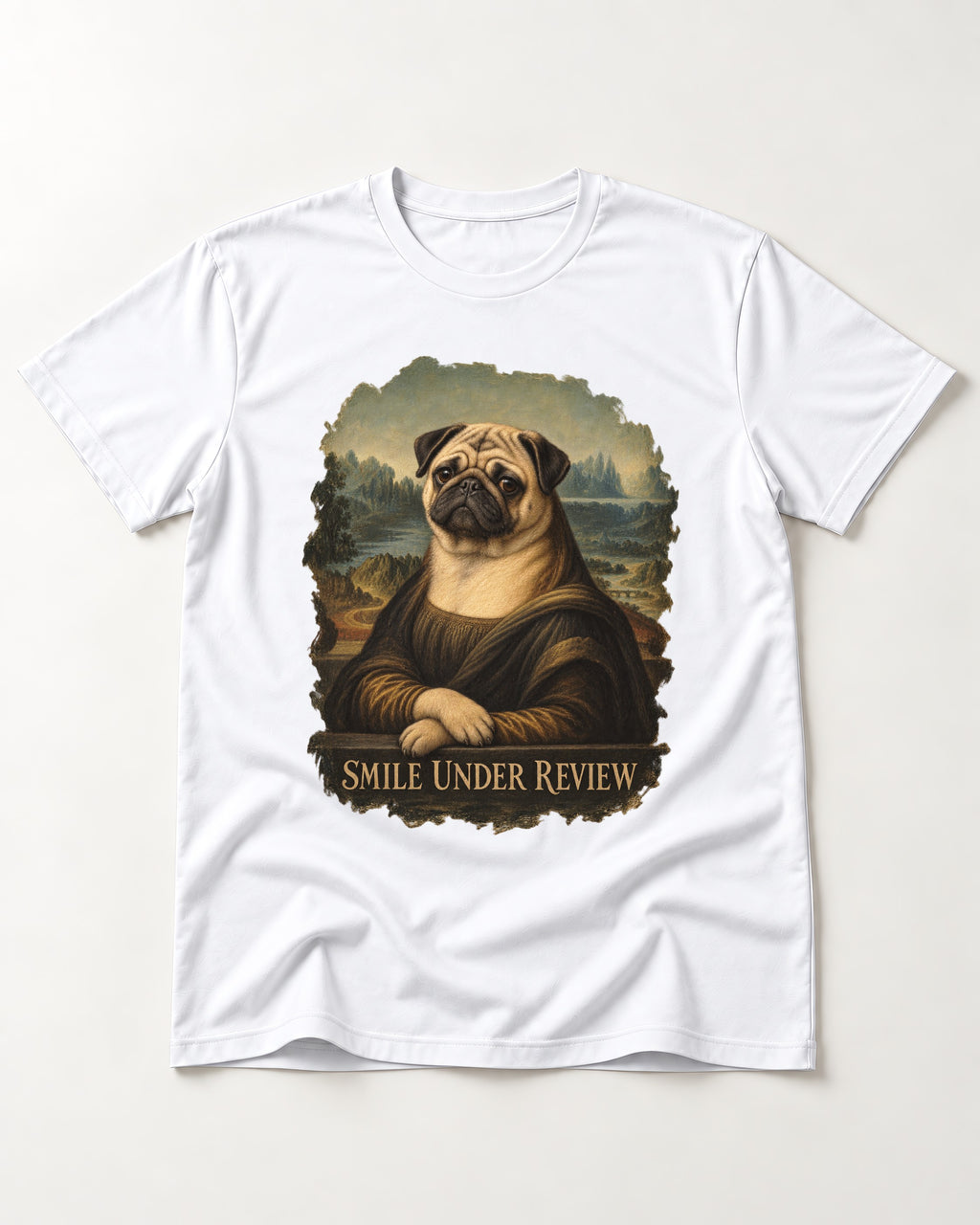 Pug Smile Under Review Mona Lisa Graphic T-Shirt in White, flat lay product photo