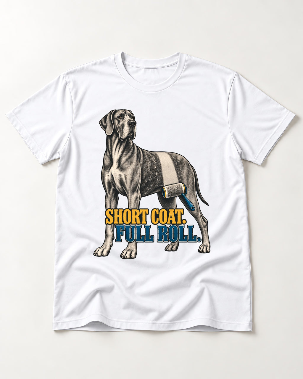 Short Coat Full Roll Great Dane T-Shirt in White, flat lay product photo
