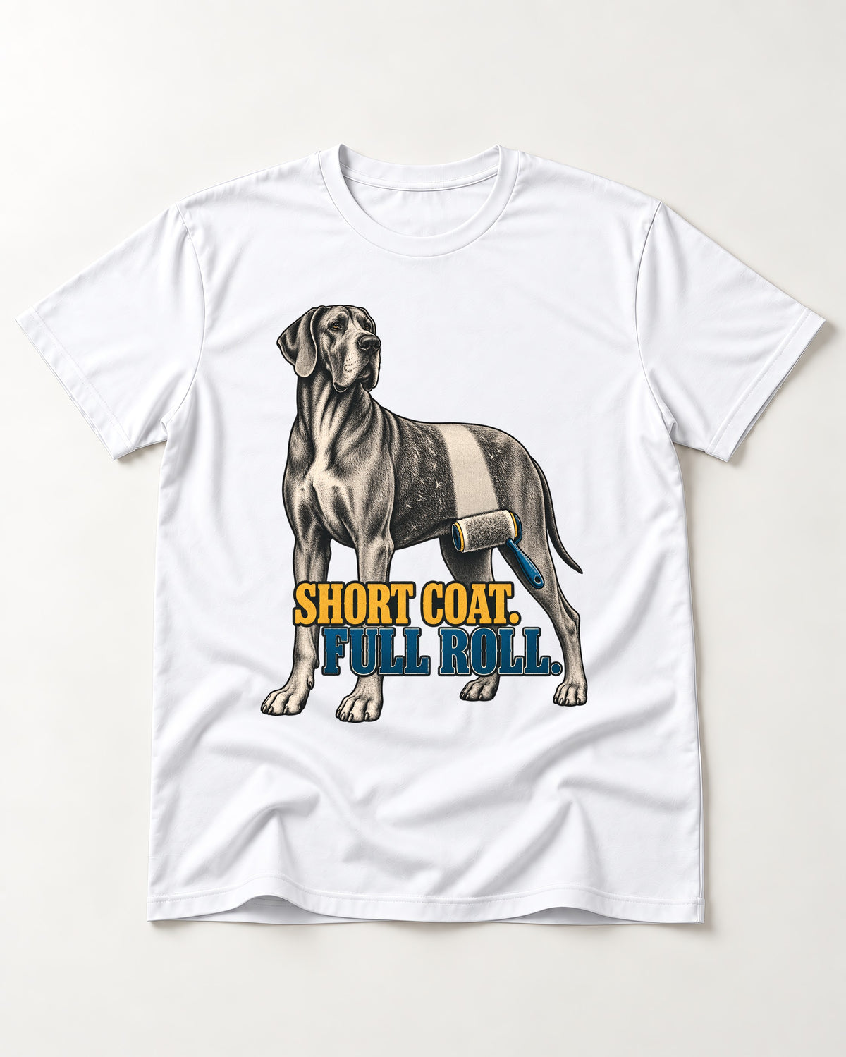Short Coat Full Roll Great Dane T-Shirt in White, flat lay product photo