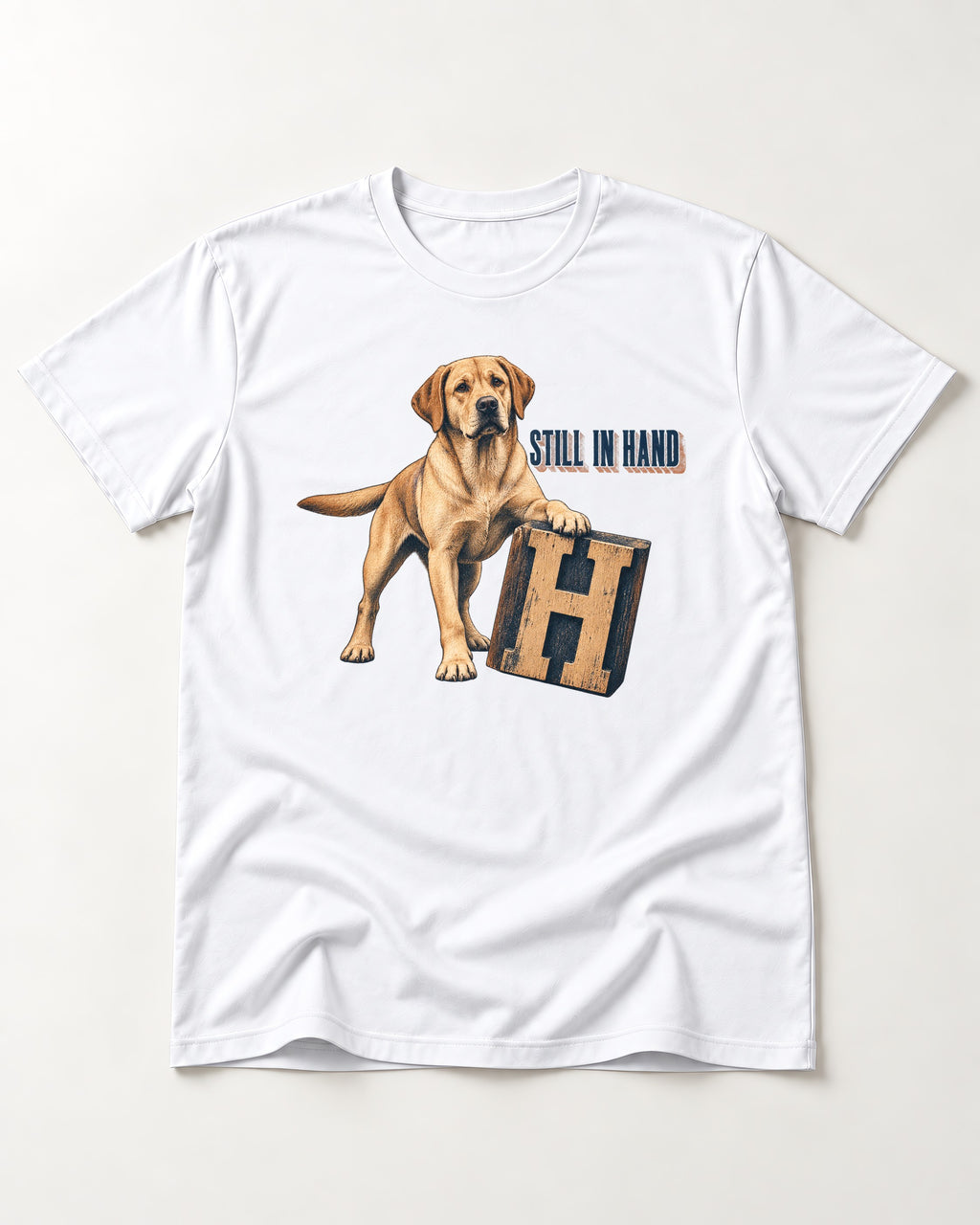 Labrador Retriever Still in Hand T-Shirt in White, flat lay product photo