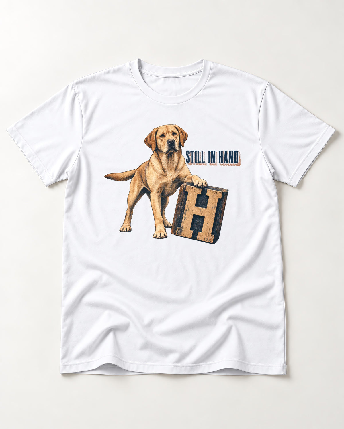 Labrador Retriever Still in Hand T-Shirt in White, flat lay product photo