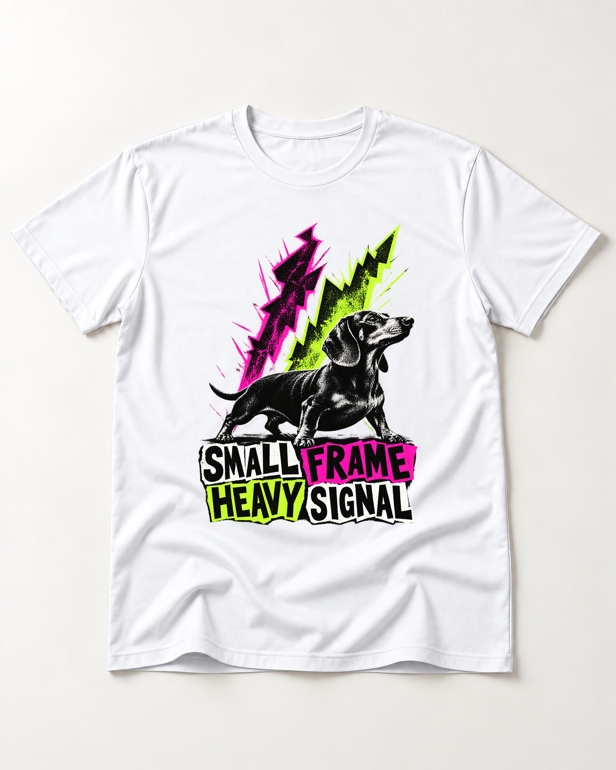 Dachshund Small Frame Heavy Signal T-Shirt in White, flat lay product photo