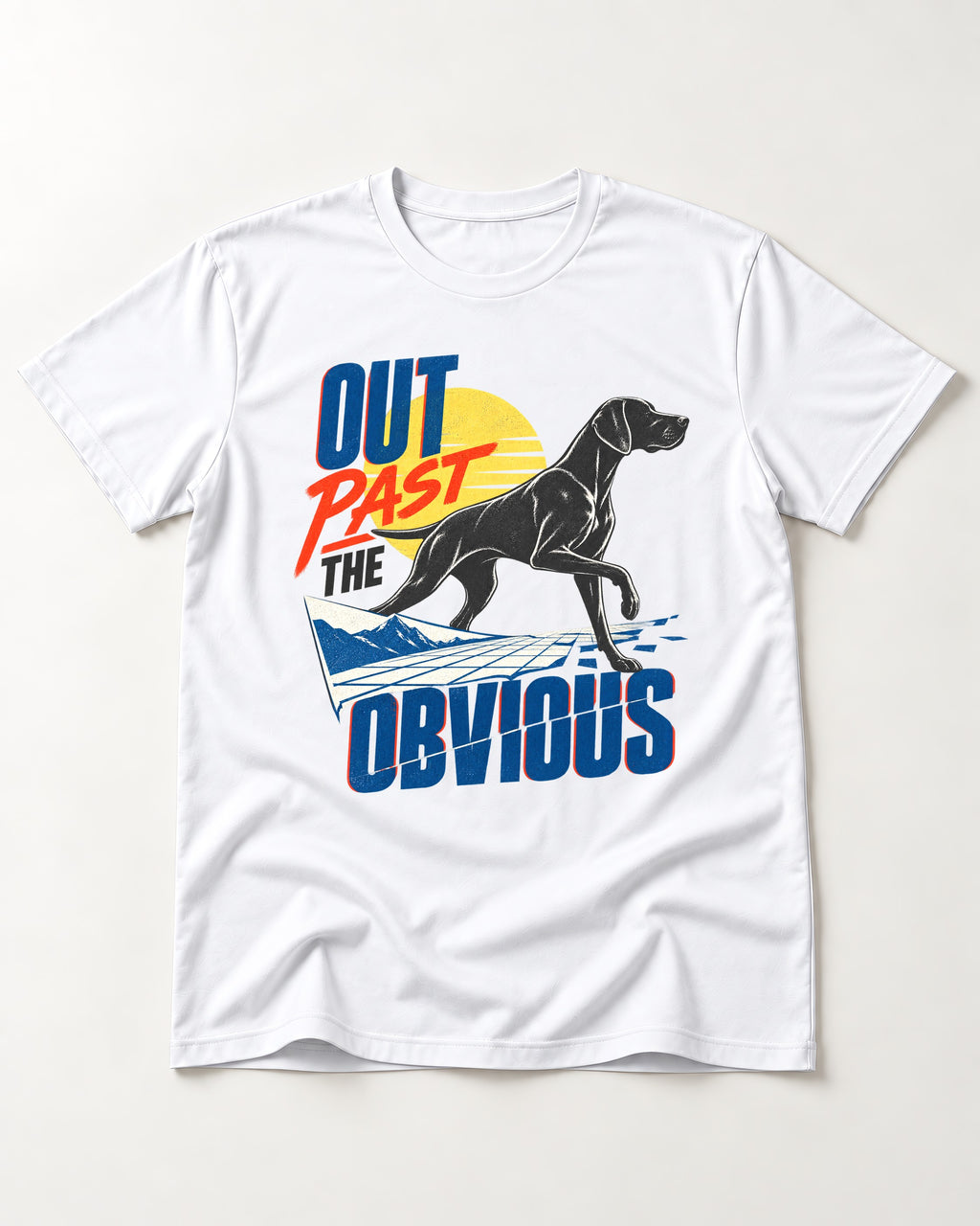 Out Past the Obvious German Shorthaired Pointer T-Shirt in White, flat lay product photo