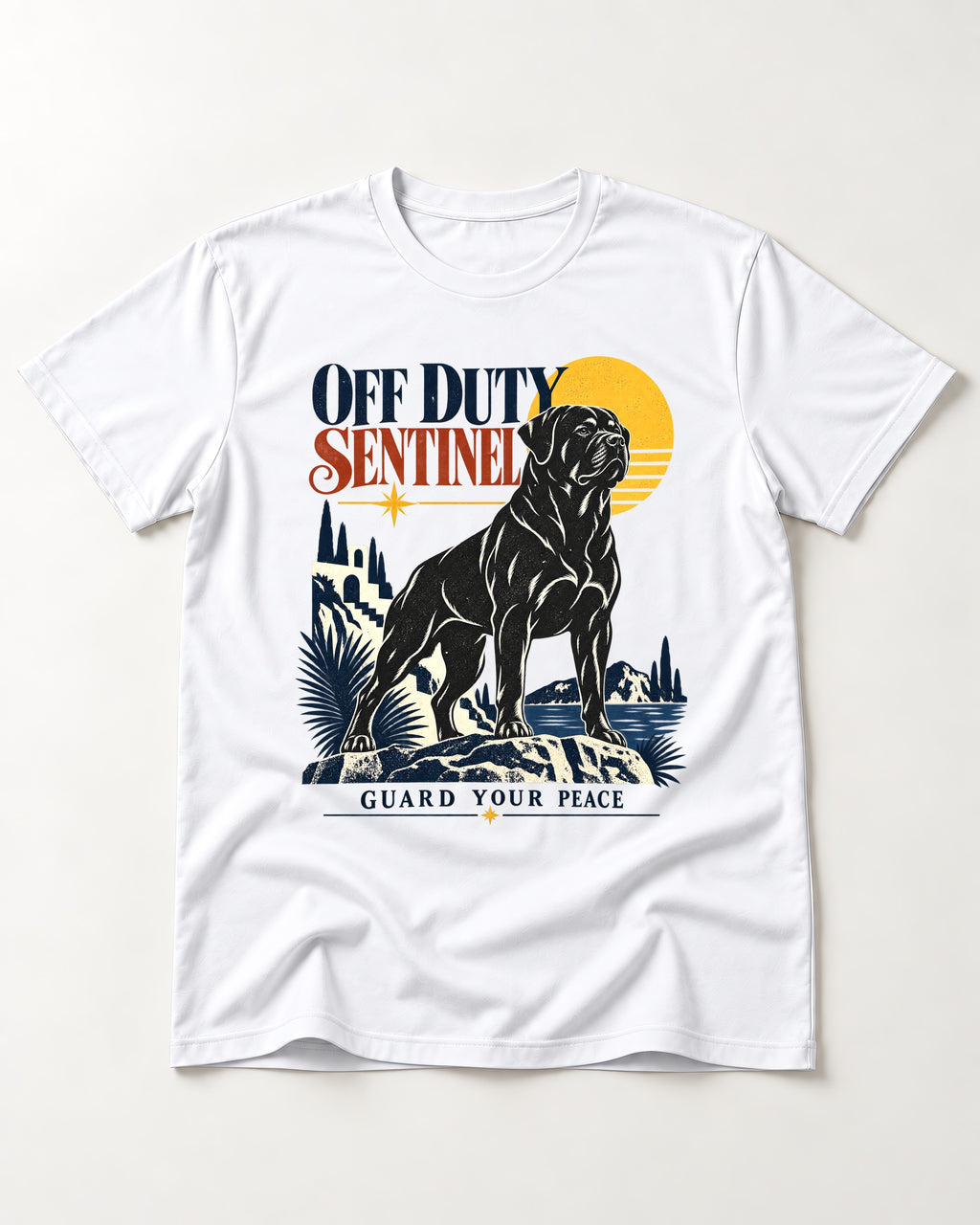 Off Duty Rottweiler Sentinel T-Shirt in White, flat lay product photo