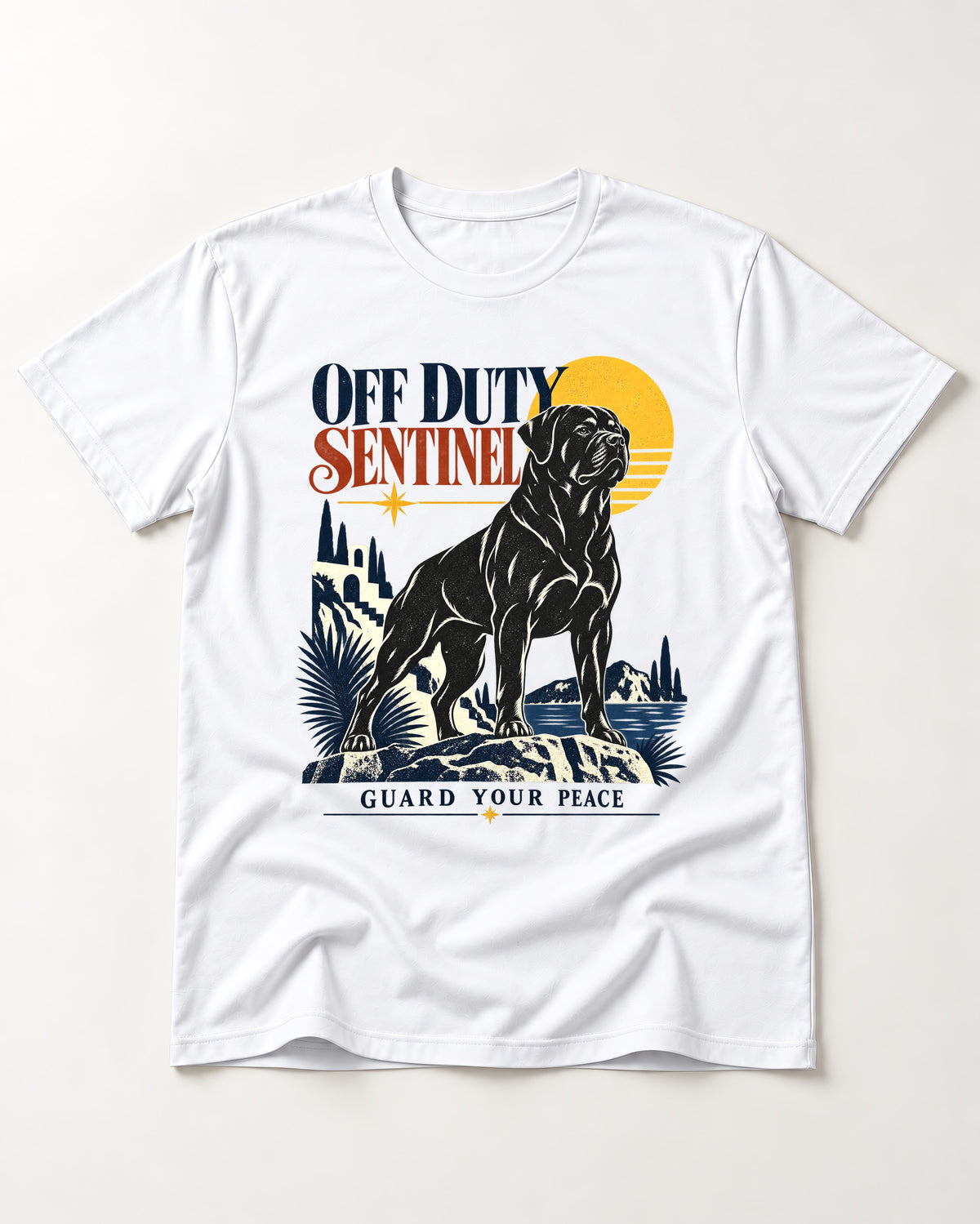 Off Duty Rottweiler Sentinel T-Shirt in White, flat lay product photo