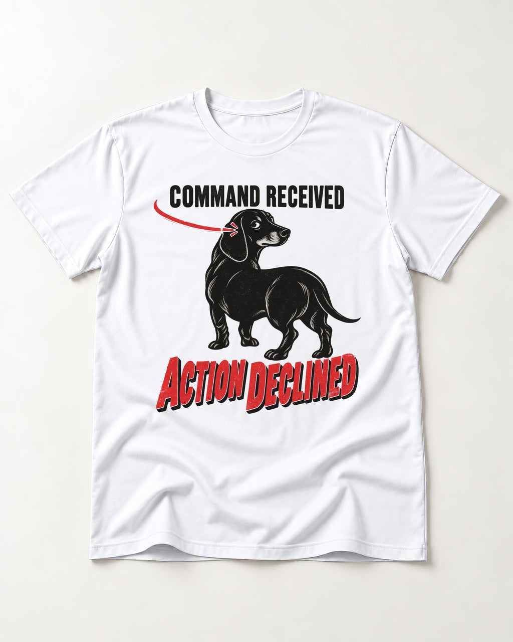 Dachshund Action Declined T-Shirt in White, flat lay product photo