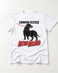 Dachshund Action Declined T-Shirt in White, flat lay product photo