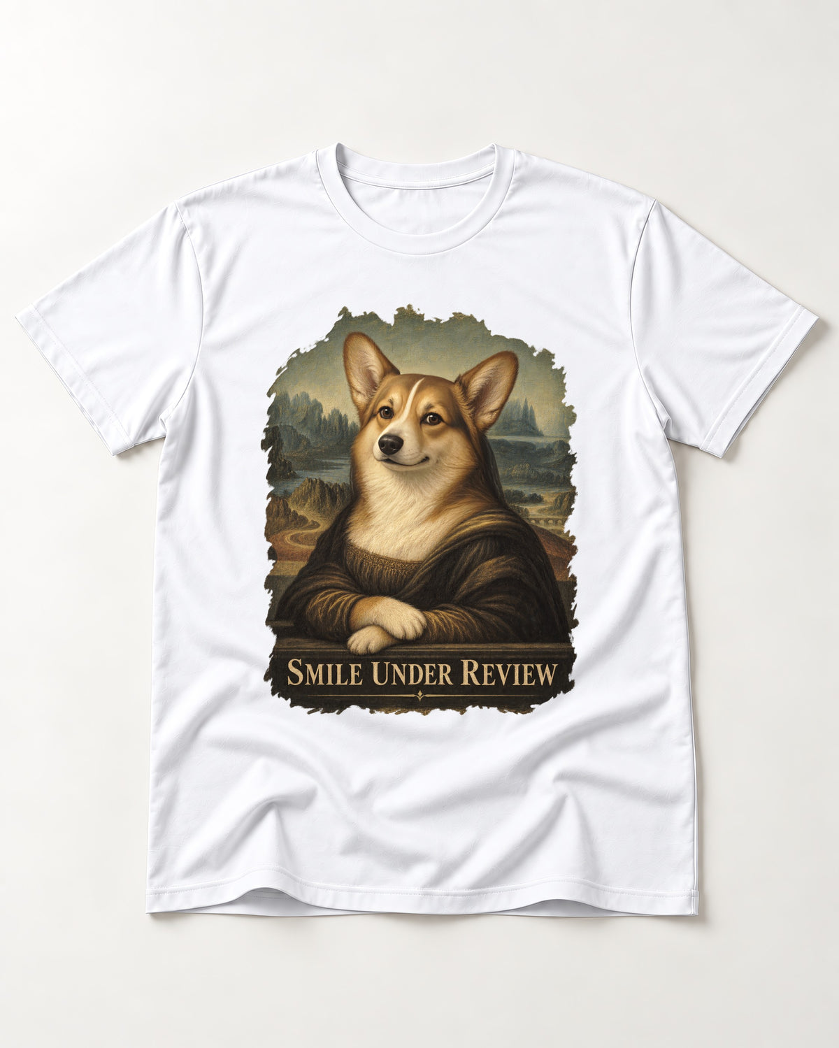 Corgi Smile Under Review Mona Lisa Portrait T-Shirt in White, flat lay product photo