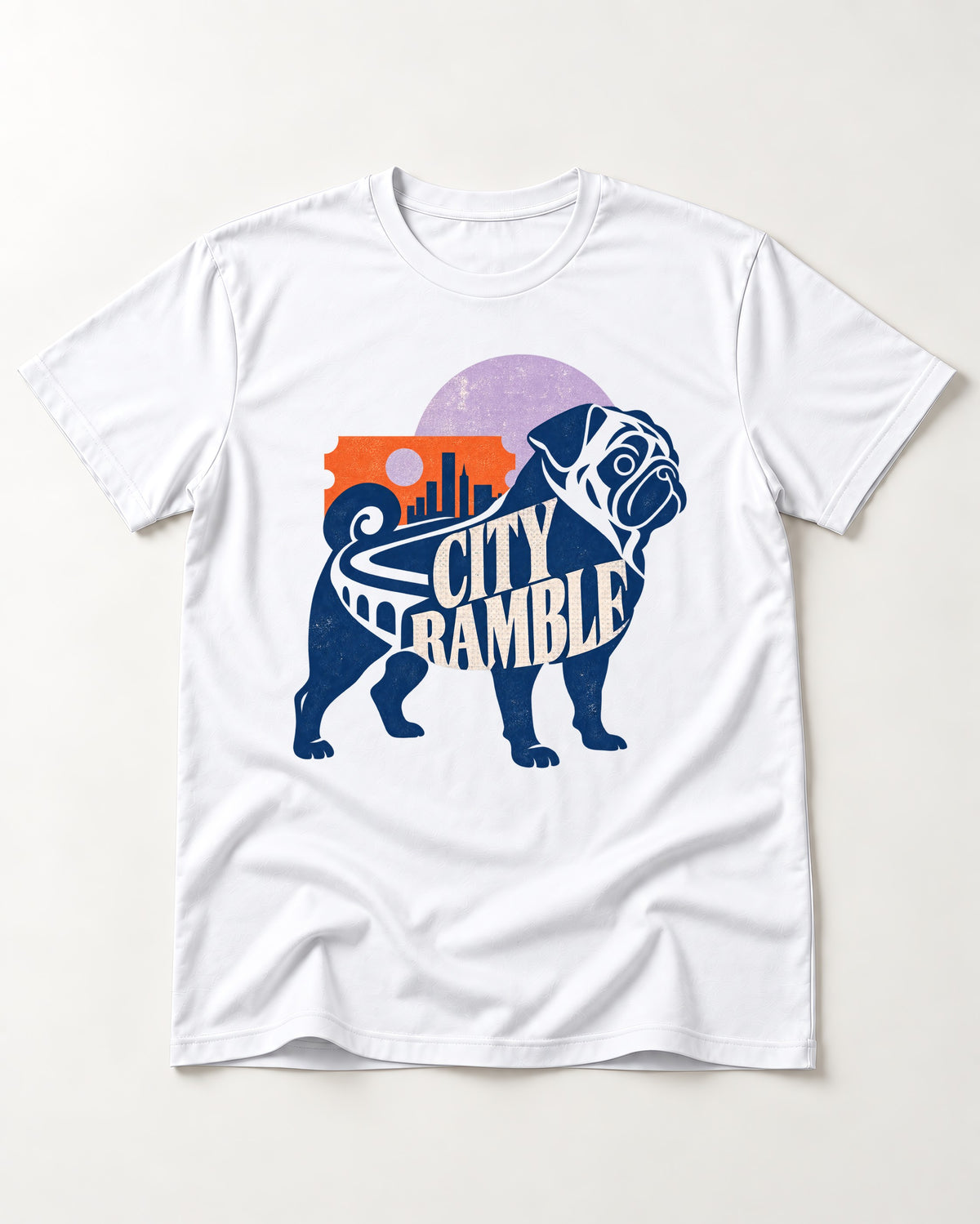 Pug's Big City Ramble T-Shirt in White, flat lay product photo